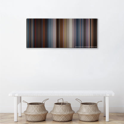 Terminator 3: Rise of the Machines color palette canvas above a white bench with three woven baskets