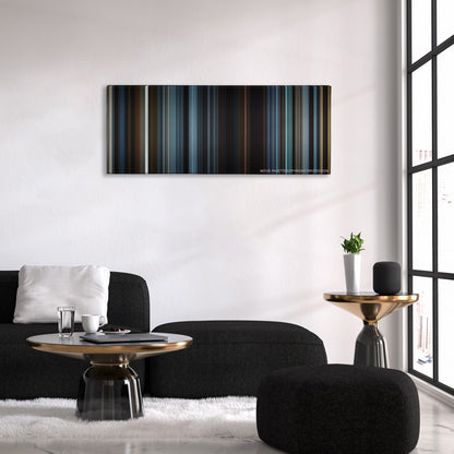 The Hunger Games: Mockingjay - Part 2 color palette canvas above a black sofa with a gold-topped table