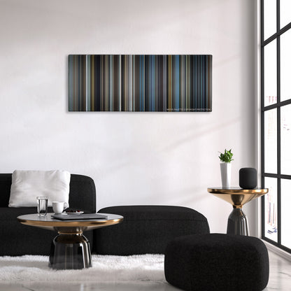Bridge of Spies color palette canvas above a black sofa with a gold-topped table