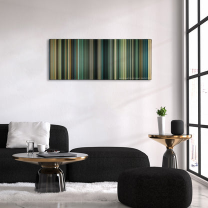 Taken 2 color palette canvas above a black sofa with a gold-topped table