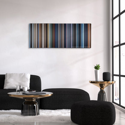 A.I. Artificial Intelligence color palette canvas above a black sofa with a gold-topped table