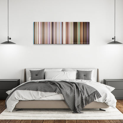 Raatchasan color palette canvas above a bed, between two black pendant lamps