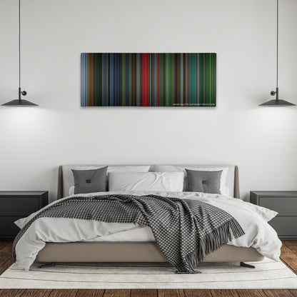 Saw IV color palette canvas above a bed, between two black pendant lamps