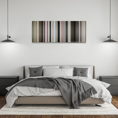 The Way, Way Back color palette canvas above a bed, between two black pendant lamps