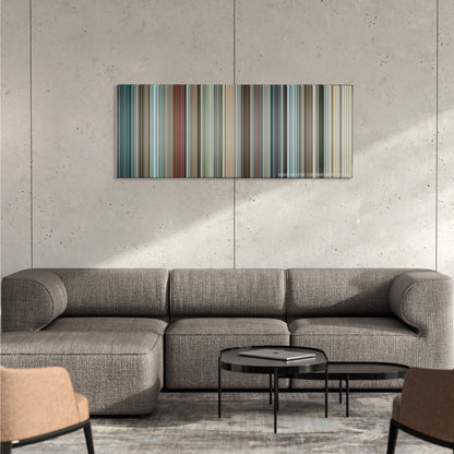 Crank: High Voltage color palette canvas on a concrete wall above a gray sectional sofa