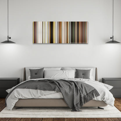 Isle of Dogs color palette canvas above a bed, between two black pendant lamps