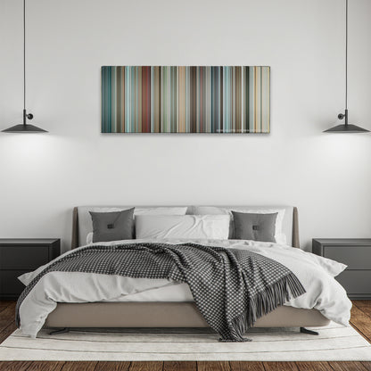 Crank: High Voltage color palette canvas above a bed, between two black pendant lamps