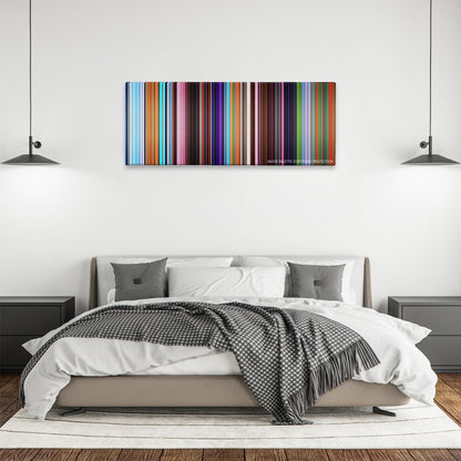 The Peanuts Movie color palette canvas above a bed, between two black pendant lamps