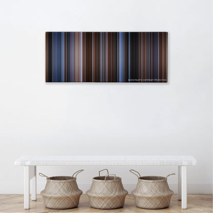 The Saint color palette canvas above a white bench with three woven baskets