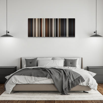 Dogville color palette canvas above a bed, between two black pendant lamps