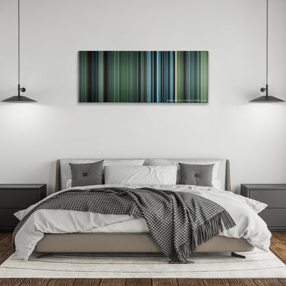 Defiance color palette canvas above a bed, between two black pendant lamps