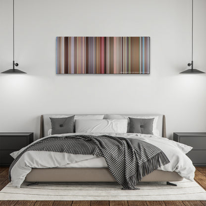 Starsky & Hutch color palette canvas above a bed, between two black pendant lamps