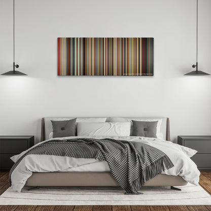 We Need to Talk About Kevin color palette canvas above a bed, between two black pendant lamps