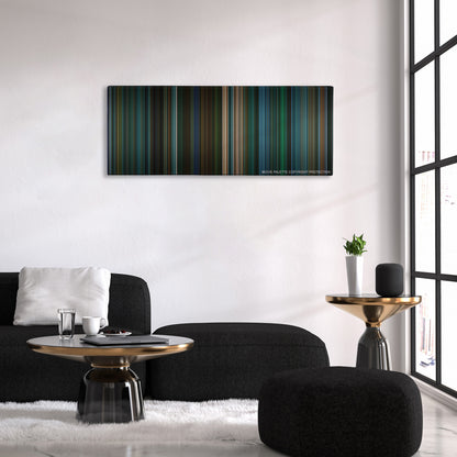 John Wick: Chapter 3 - Parabellum color palette canvas above a black sofa with a gold-topped table
