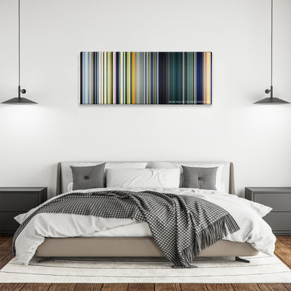 The Little Prince color palette canvas above a bed, between two black pendant lamps