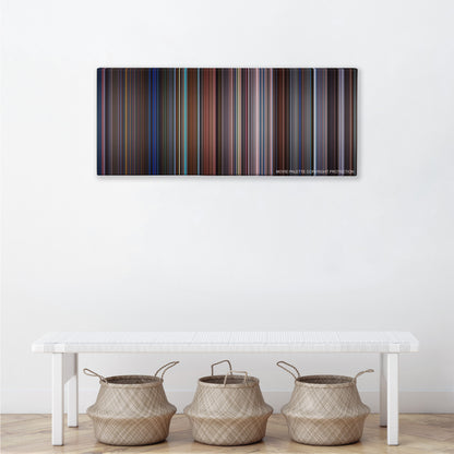 Mission: Impossible color palette canvas above a white bench with three woven baskets