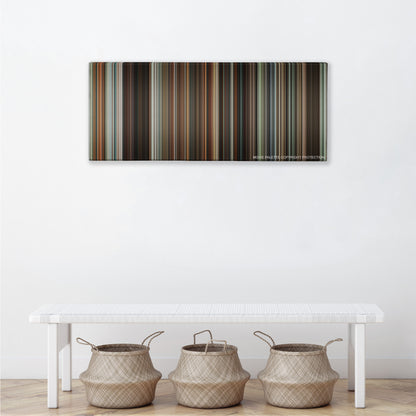 Wanted color palette canvas above a white bench with three woven baskets
