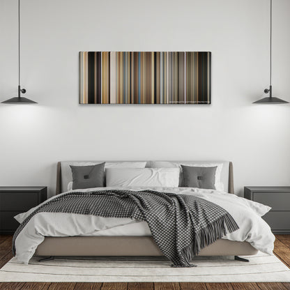 Dear John color palette canvas above a bed, between two black pendant lamps