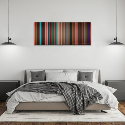 Spring Breakers color palette canvas above a bed, between two black pendant lamps