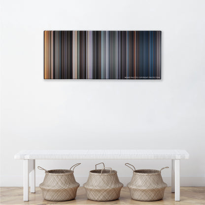 The Exorcist color palette canvas above a white bench with three woven baskets
