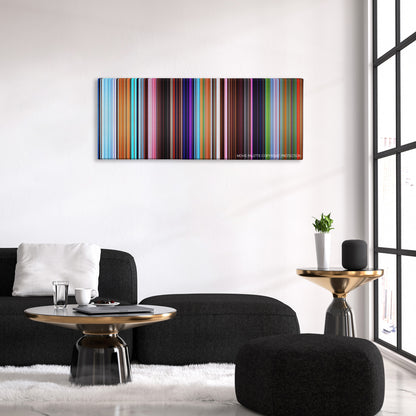 The Peanuts Movie color palette canvas above a black sofa with a gold-topped table