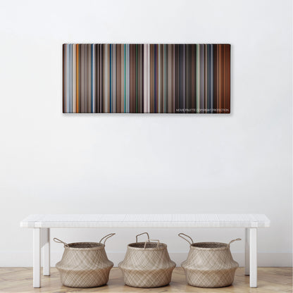 Stay color palette canvas above a white bench with three woven baskets