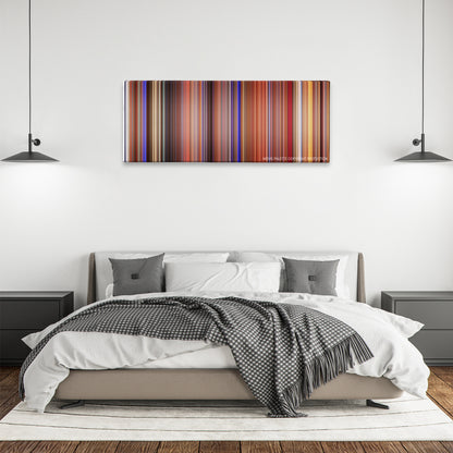 All About My Mother color palette canvas above a bed, between two black pendant lamps