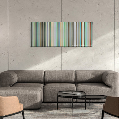 The Girl Who Leapt Through Time color palette canvas on a concrete wall above a gray sectional sofa