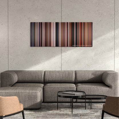 The Adventures of Priscilla, Queen of the Desert color palette canvas on a concrete wall above a gray sectional sofa