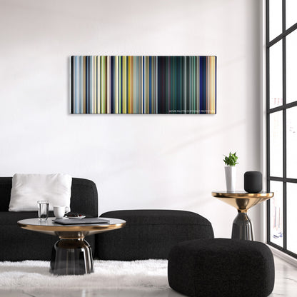 The Little Prince color palette canvas above a black sofa with a gold-topped table