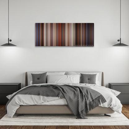 Last Action Hero color palette canvas above a bed, between two black pendant lamps