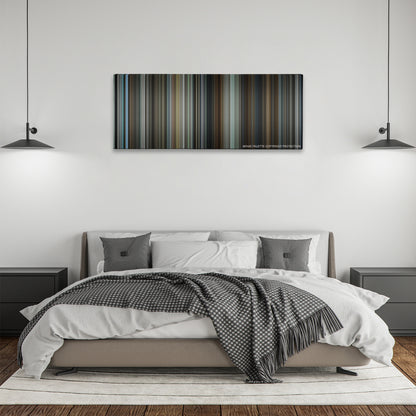 The Post color palette canvas above a bed, between two black pendant lamps