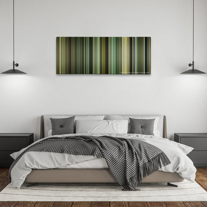 Never Let Me Go color palette canvas above a bed, between two black pendant lamps