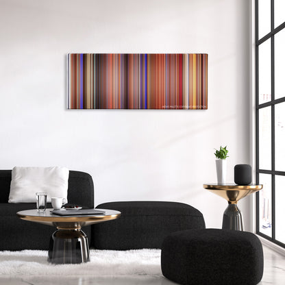 All About My Mother color palette canvas above a black sofa with a gold-topped table