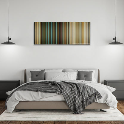 The Last Stand color palette canvas above a bed, between two black pendant lamps