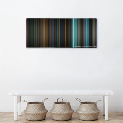 John Wick: Chapter 2 color palette canvas above a white bench with three woven baskets