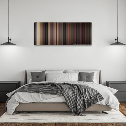 Carrie color palette canvas above a bed, between two black pendant lamps