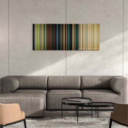 Maleficent: Mistress of Evil color palette canvas on a concrete wall above a gray sectional sofa