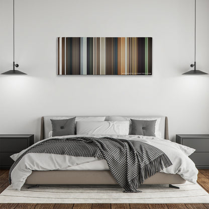 Killing Them Softly color palette canvas above a bed, between two black pendant lamps