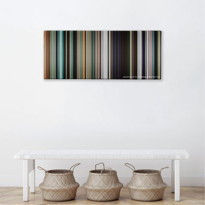 Sorry to Bother You color palette canvas above a white bench with three woven baskets