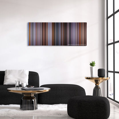While You Were Sleeping color palette canvas above a black sofa with a gold-topped table