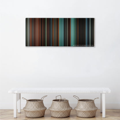 Cloverfield color palette canvas above a white bench with three woven baskets