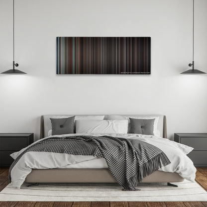 Devil color palette canvas above a bed, between two black pendant lamps