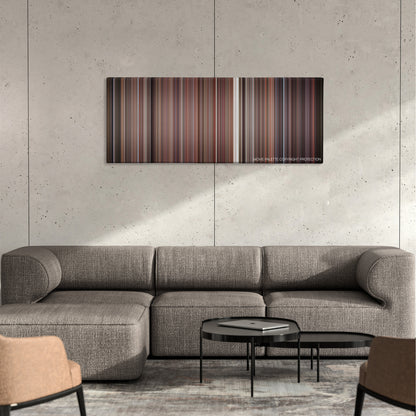 Empire Records color palette canvas on a concrete wall above a gray sectional sofa