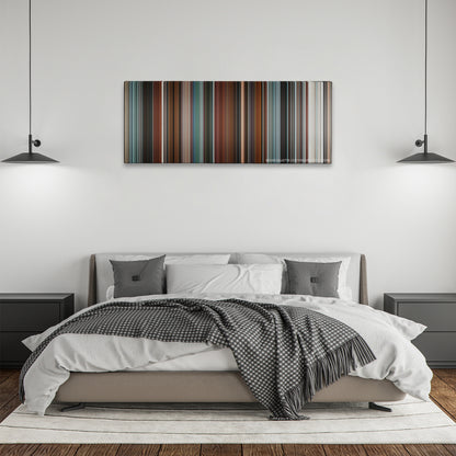 Four Brothers color palette canvas above a bed, between two black pendant lamps
