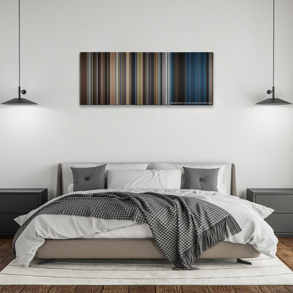 The Equalizer 2 color palette canvas above a bed, between two black pendant lamps