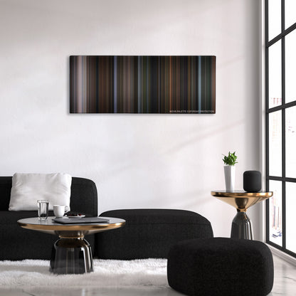 Bird Box color palette canvas above a black sofa with a gold-topped table