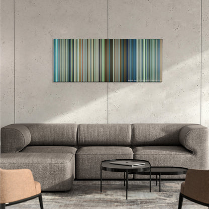 Transformers: The Last Knight color palette canvas on a concrete wall above a gray sectional sofa