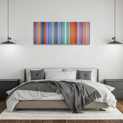 The Lego Batman Movie color palette canvas above a bed, between two black pendant lamps