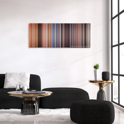 Cool Runnings color palette canvas above a black sofa with a gold-topped table